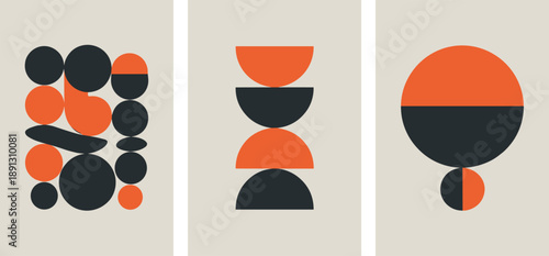 Minimal abstract geometric poster set with bold orange black shapes, modern mid century style art, isolated neutral background design collection