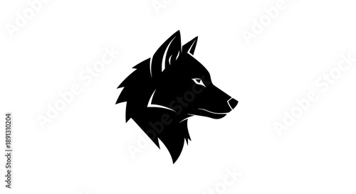 A black wolf head logo on a white background