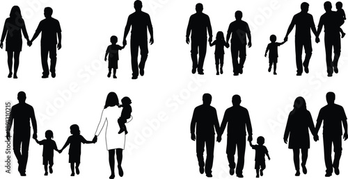 Black silhouettes of people walking holding hands family silhouettes, people, walking, holding hands, family, couples, children, adults, white background, black, parenting, relationships, holding, han