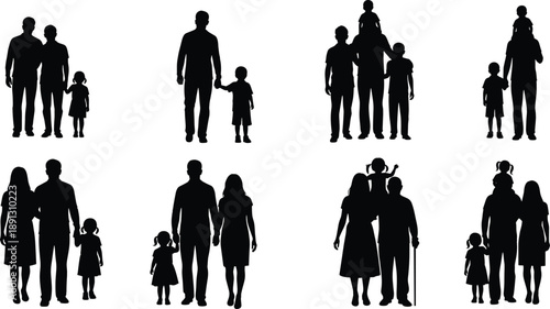 Black silhouettes of people in various family groups family, silhouettes, black, people, adults, children, parents, groups, walking, holding hands, white background, various, collection, depicting, in