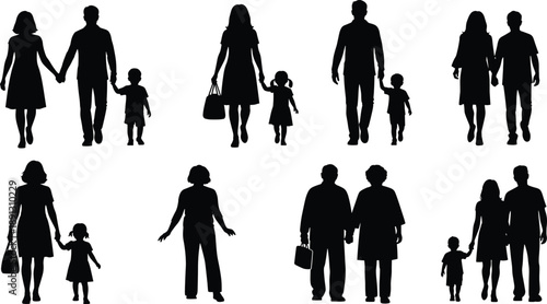 Black silhouettes of people walking alone and with children silhouettes, black, people, walking, family, children, adults, couples, individuals, white background, hand in hand, carrying bags, briefcas