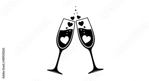 A romantic illustration of two champagne glasses with hearts