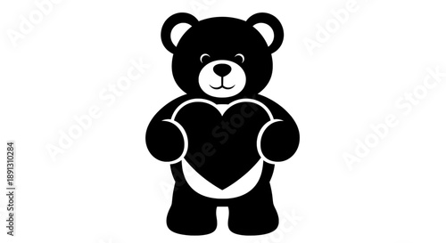 A cute black teddy bear holding a heart on a white background