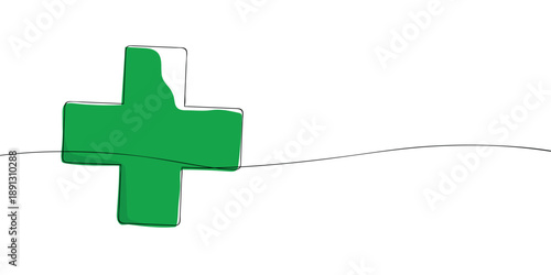 Minimal illustration of a green medical cross, symbolizing healthcare, first aid, emergency services, medicine, and medical assistance.