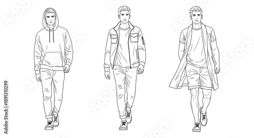 A black and white illustration of three men walking in different outfits