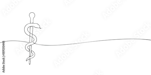 Minimal line illustration of the Rod of Asclepius with a snake wrapped around a staff, symbolizing medicine healing healthcare and medical profession.
