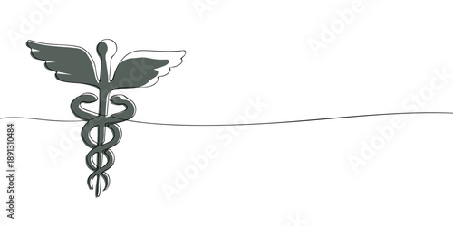 Minimal line illustration of the caduceus symbol with a winged staff and two snakes, representing medicine healthcare communication and medical services.