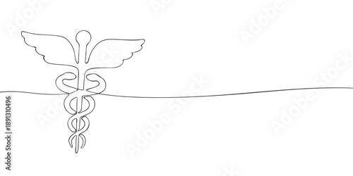 Minimal line illustration of the caduceus, a winged staff with two intertwined snakes, symbolizing medicine, healthcare, communication, and medical services.