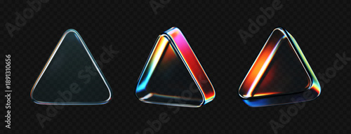 3D glass triangles with vibrant holographic glow and prism refraction isolated on dark background. Modern geometric elements for digital music interface, y2k futuristic background. 3d vector figure