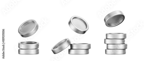 3D silver coin stack isolated on dark background. Realistic metallic chrome tokens for finance, casino, jackpot, payment, banking, treasure, reward, currency, poker. 3D vector illustration