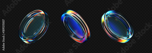 3D transparent glass coin icons with holographic and iridescent effects. Flying crystal tokens for digital currency, casino chips, reward medals. Ideal for modern tech visuals. 3D vector illustration