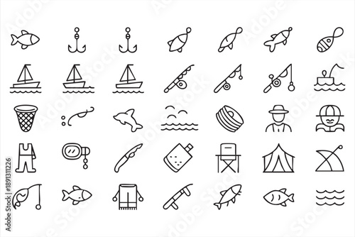 Fishing And Camping Outdoor Activity Line Icons Collection