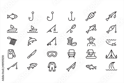Black And White Fishing And Angling Outline Icon Set
