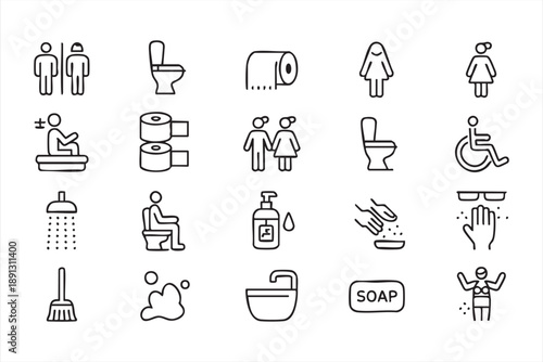Public Bathroom And Hygiene Facility Line Icons