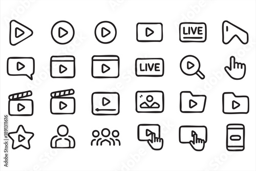 Play Button And Video Interface Line Icons Vector