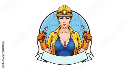 A confident female electrician mascot poses within a circular badge, wearing a yellow hard hat and holding wire cutters, positioned above a blank white banner designed for custom logo text placement
