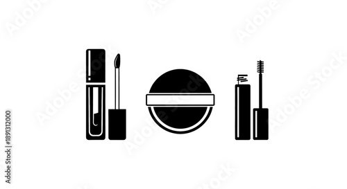 Black and white illustration of various makeup products including lip gloss eyeshadow and mascara tubes on a plain background