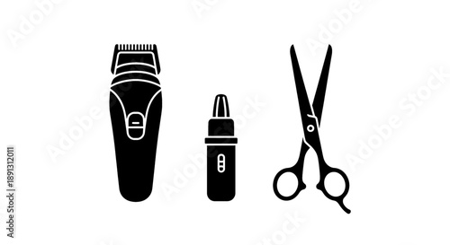 Barber tools including hair clipper shaving cream and scissors on white background for grooming and styling