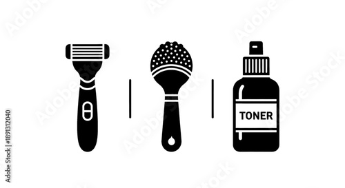 Skincare routine icons with razor brush and toner on white background for grooming and beauty concepts