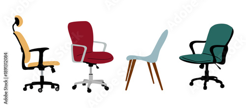 Set of modern office and dining chairs in minimalist style, ideal for workspace, interior design, and furniture concepts. Flat vector illustration isolated on transparent background.