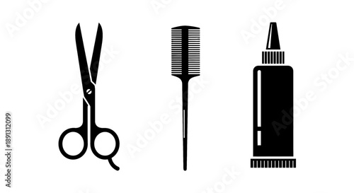 Black icons of hairdressing tools on white background