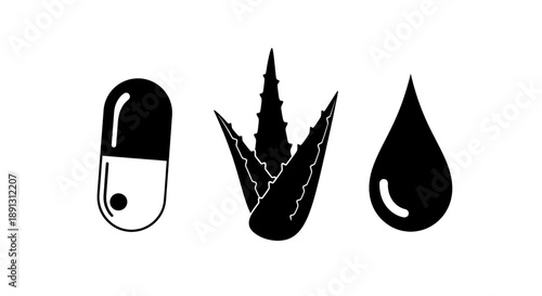 Black icons of a medical capsule aloe vera leaf and water droplet on white background for health and wellness concepts