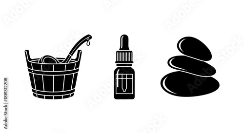 Black icons of a wooden bucket with a ladle a dropper bottle and stacked stones on white background for wellness and spa concepts