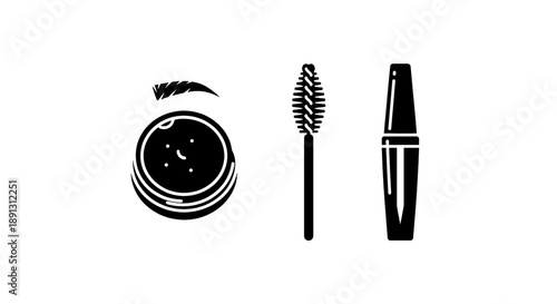 Black mascara makeup set with eyelash brush and eyeshadow palette on white background for beauty and cosmetics