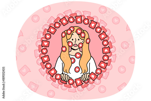 Little girl is frightened by overabundance of positive reactions and responses from subscribers to online blog. Concept of children addiction to social networks with subscribers and messengers