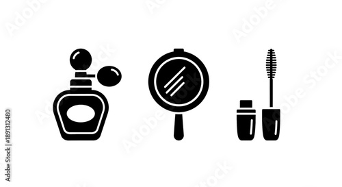 Black icons of perfume bottle makeup mirror and mascara tube on white background for beauty and cosmetics concept
