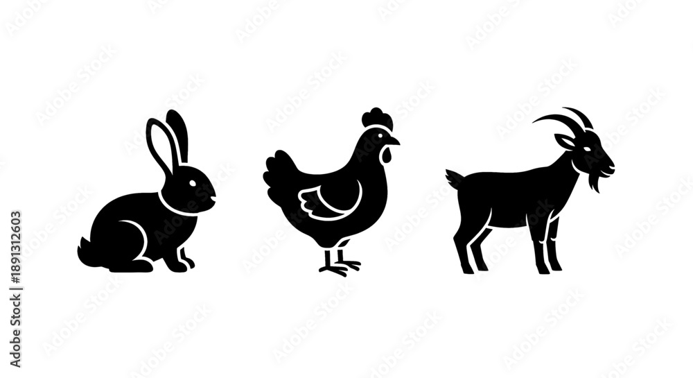 Fototapeta premium Farm animals silhouette rabbit chicken goat standing together black icons on white background farmhouse agriculture rural