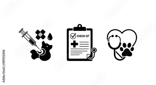 Veterinary care icons set including syringe check up clipboard and stethoscope with heart shaped paw print for pet health and wellness concept