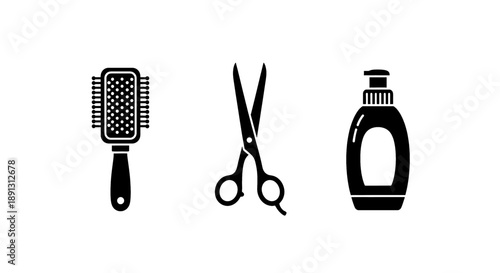 Hairbrush scissors and shampoo bottle icons for hair care and styling on white background
