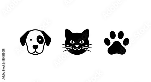 Black and white dog cat and paw print icons on plain background for pet or animal related concepts