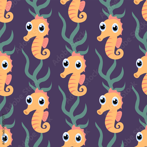 Cute seahorses on dark blue underwater background. Vector seamless nautical pattern. Perfect for kids textiles and decorative seahorse prints.