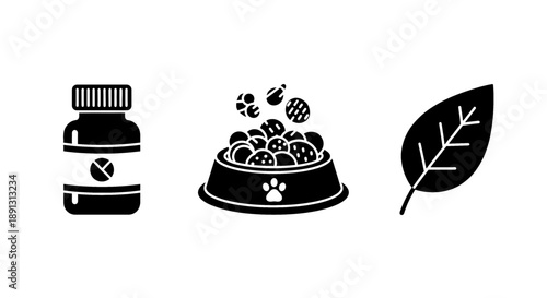 Pet food and supplement icons with leaf for healthy diet and nutrition