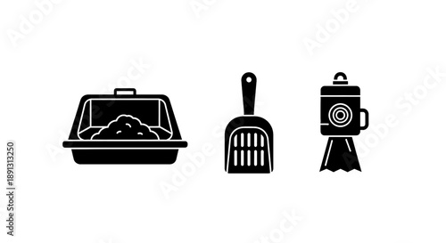 Black icons of covered dish litter scoop and coffee grinder on white background