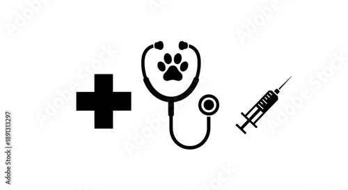 Veterinary care symbol with stethoscope paw print and medical cross with syringe for pet health