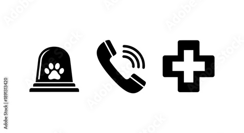 Pet emergency service icons with bell phone and cross on white background for veterinary care