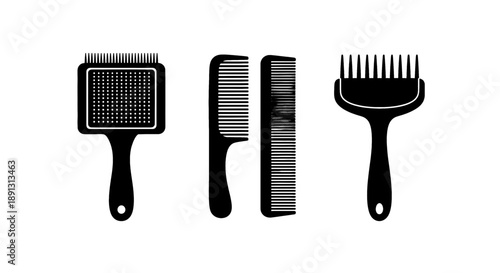 Collection of grooming tools for pets, including brushes and combs, in simple silhouette.