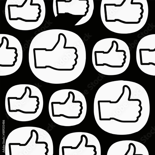 Seamless Pattern of Hand Thumbs Up Icons, Black and White