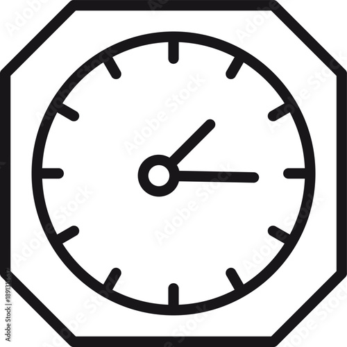 Analog Clock Icon in Octagonal Frame, Time and Schedule Symbol Vector