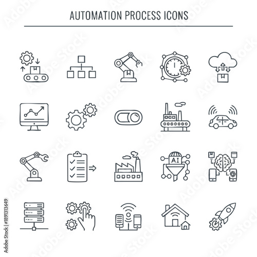 A set of automation process icons on transparent background for business