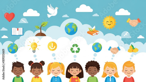 Diverse children thinking about eco friendly concepts and global unity under a bright blue sky