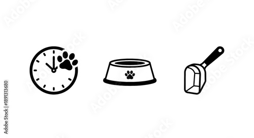 Pet care essentials: time, food bowl, and scoop icons symbolizing routine and feeding