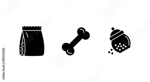 Simple black icons representing pet food, a bone, and a treat dispenser.
