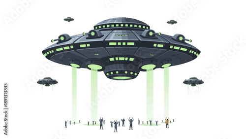 UFOs abduct people with green beams of light from a white background