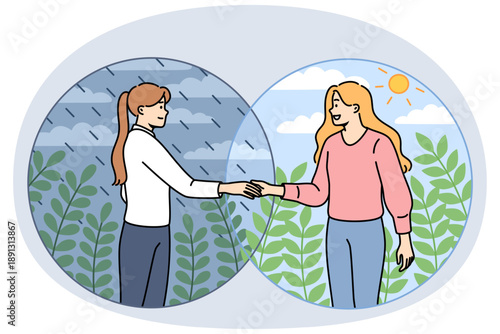 Woman helps friend get rid of depression by extending hand to girl standing in rain and inviting to sunny place. Helps and mutual assistance between people manifested through empathy and complacency