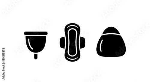 Menstrual products icons set including sanitary napkin tampon and cup on white background for health and hygiene concept