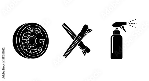 Brake rotor with crossed tools and cleaning spray on white background symbolizing car maintenance and repair